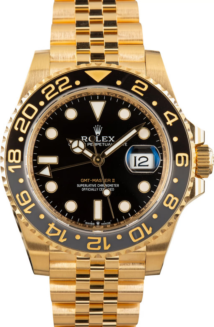 Pre-Owned 18k Yellow Gold Rolex GMT-Master II Ref 126718GRNR Black Dial